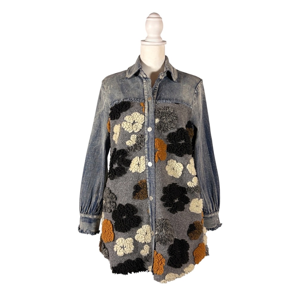 Donna White Plush Floral Denim Shacket S Whimsigoth Quirky Forest Folk Casual